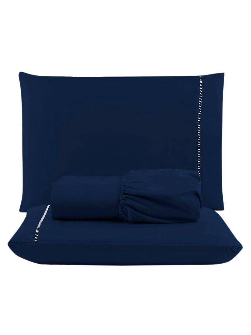 Jogo cama lençol unique casal padrão micro percal 400 fios ponto palito 3 peças - azul marinho