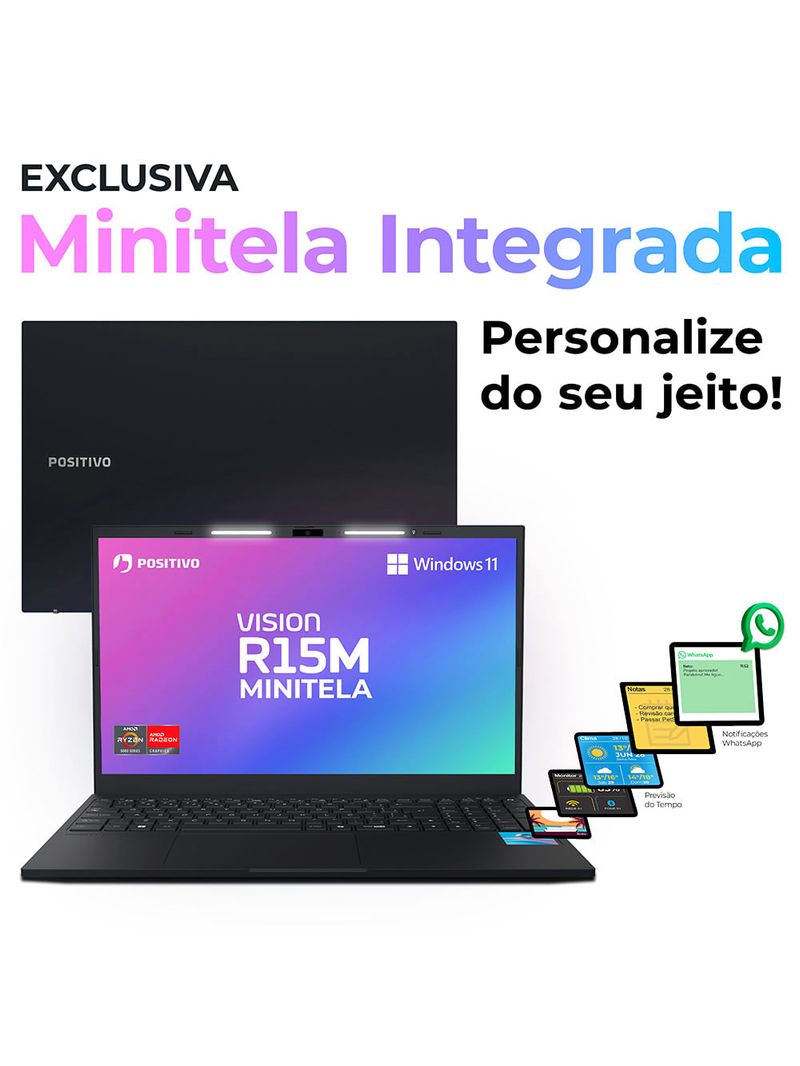 Notebook Positivo Vision R15M AMD® Ryzen 7-5825U Windows 11 Home 32GB 512GB SSD Wi-Fi 6 156” Full HD IPS Minitela - Preto