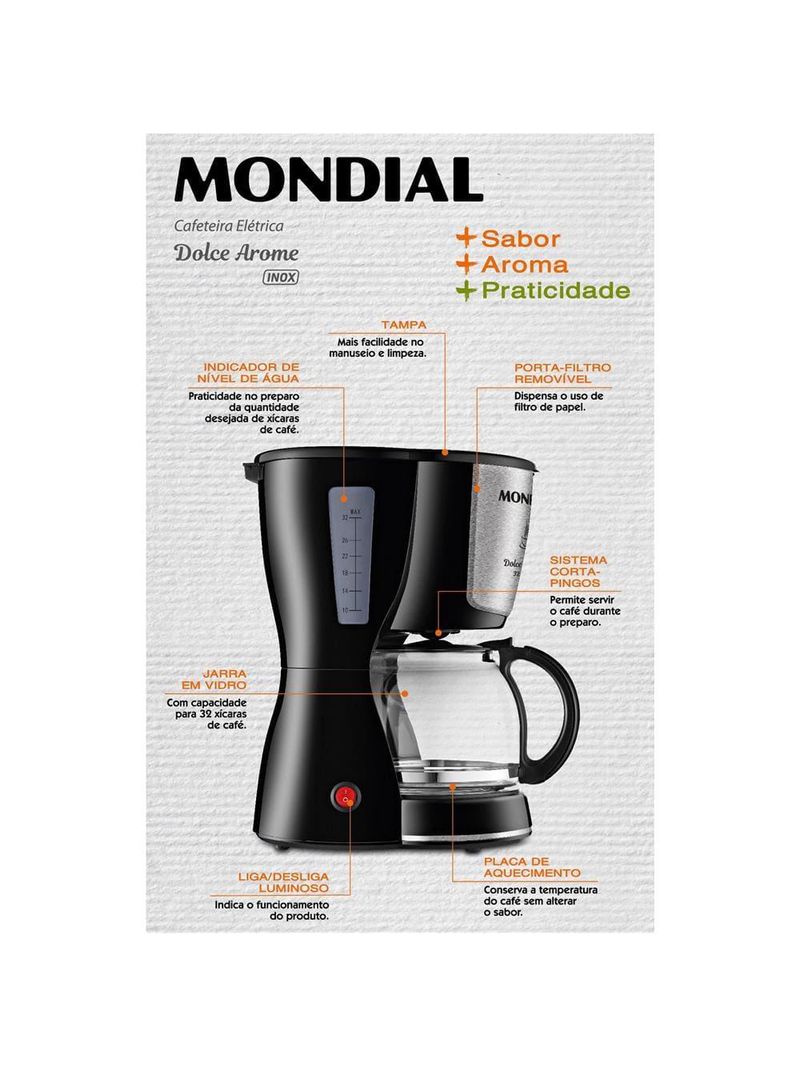 Cafeteira elétrica mondial dolce arome inox c-32i 32 xícaras - preta