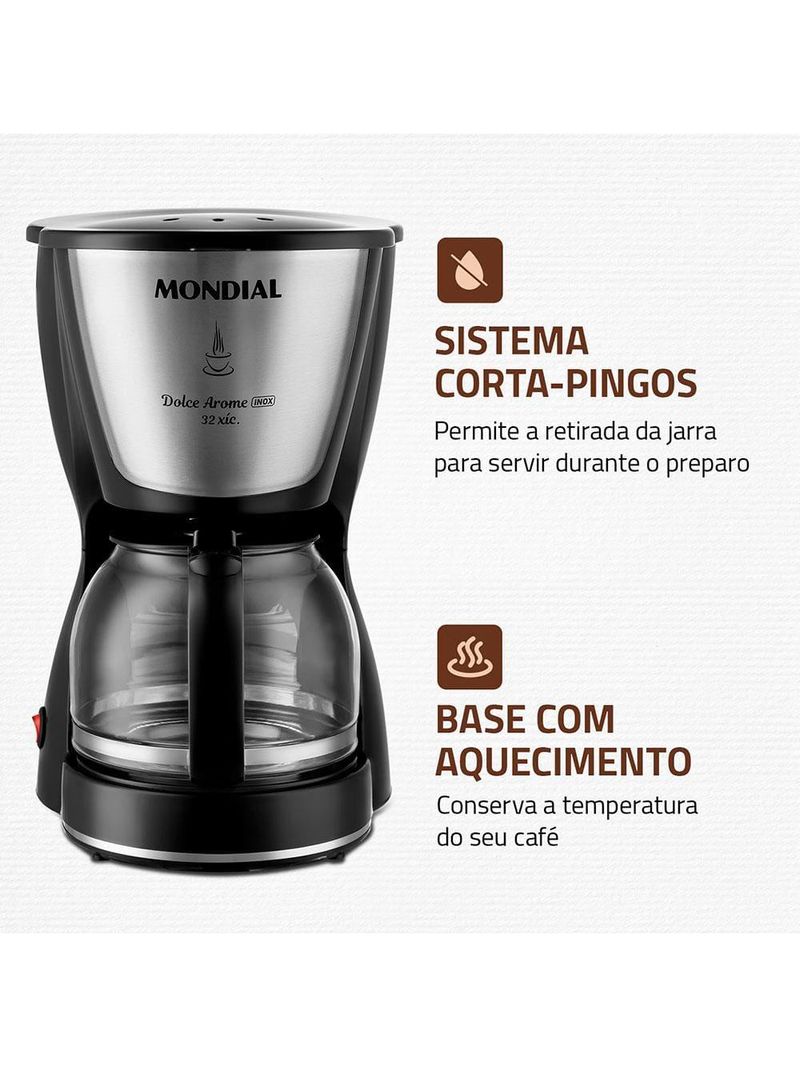 Cafeteira elétrica mondial dolce arome inox c-32i 32 xícaras - preta