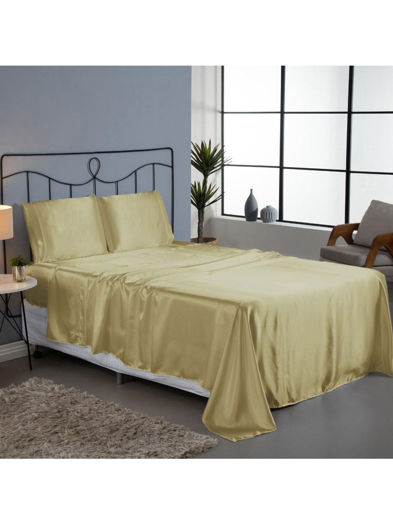 Jogo cama lençol splendore casal padrão cetim charmousse alto brilho 4 peças - dourado