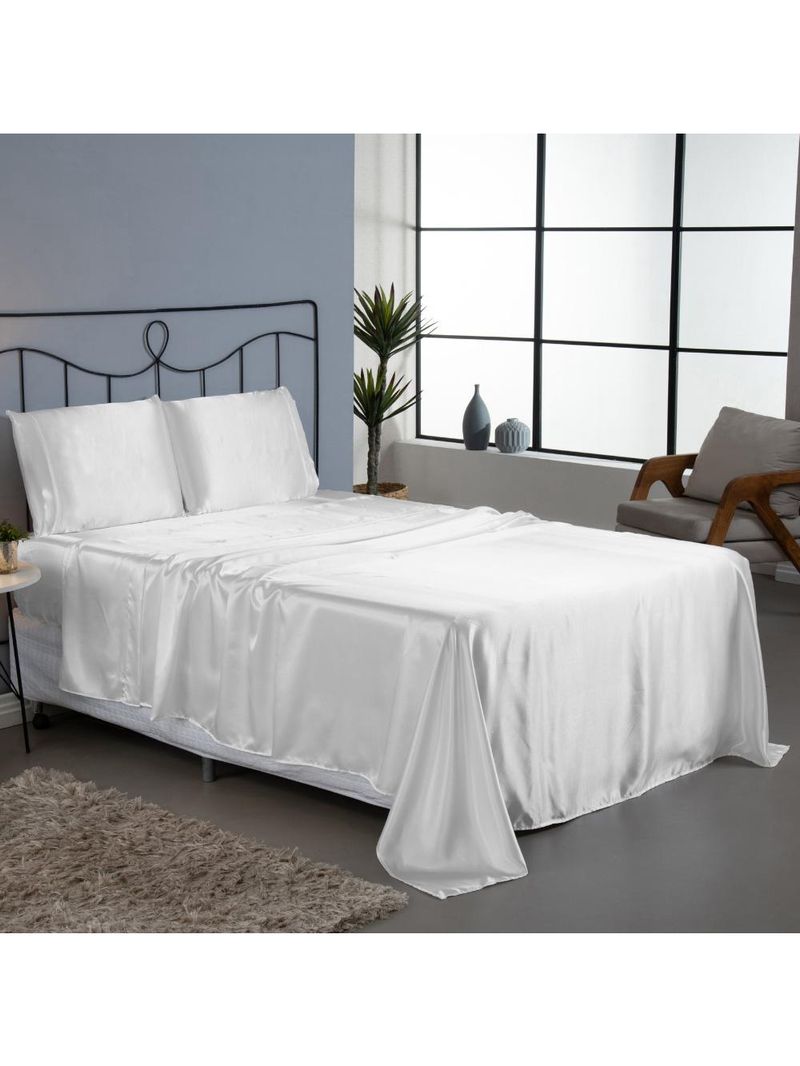 Jogo cama lençol splendore casal padrão cetim charmousse alto brilho 4 peças - branco