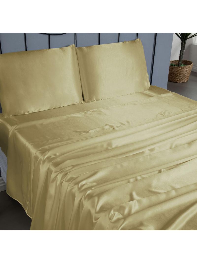 Jogo cama lençol splendore king cetim charmousse alto brilho 4 peças - dourado