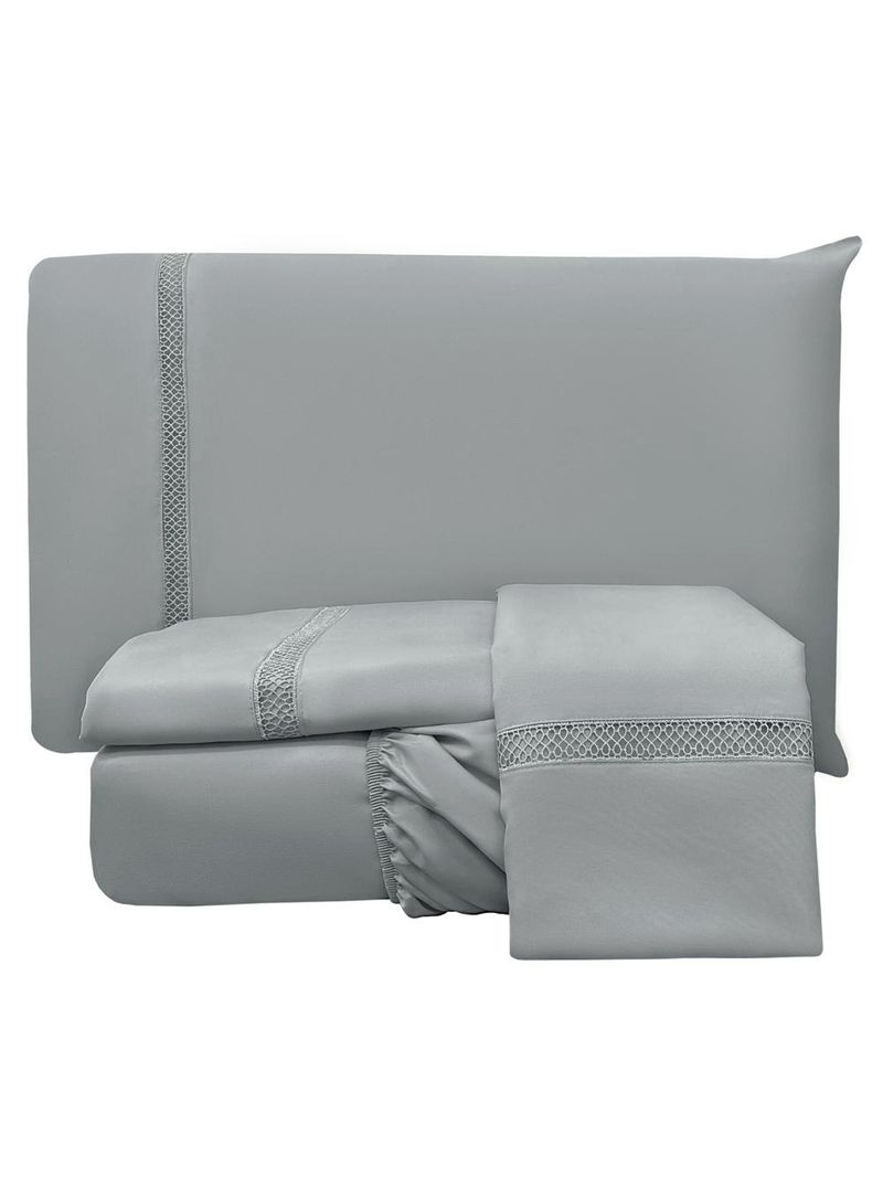 Jogo cama lençol trento queen guipir micro percal 300 fios c/ ponto infinito 4 peças - cinza