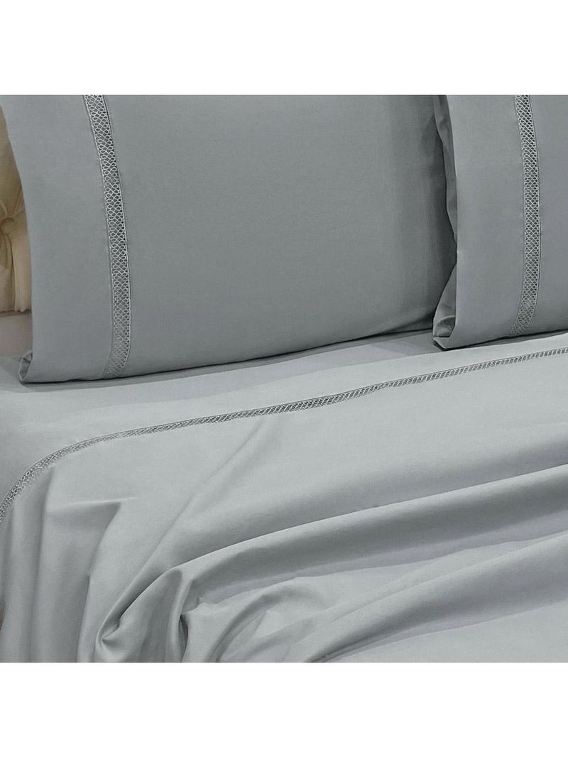 Jogo cama lençol trento queen guipir micro percal 300 fios c/ ponto infinito 4 peças - cinza