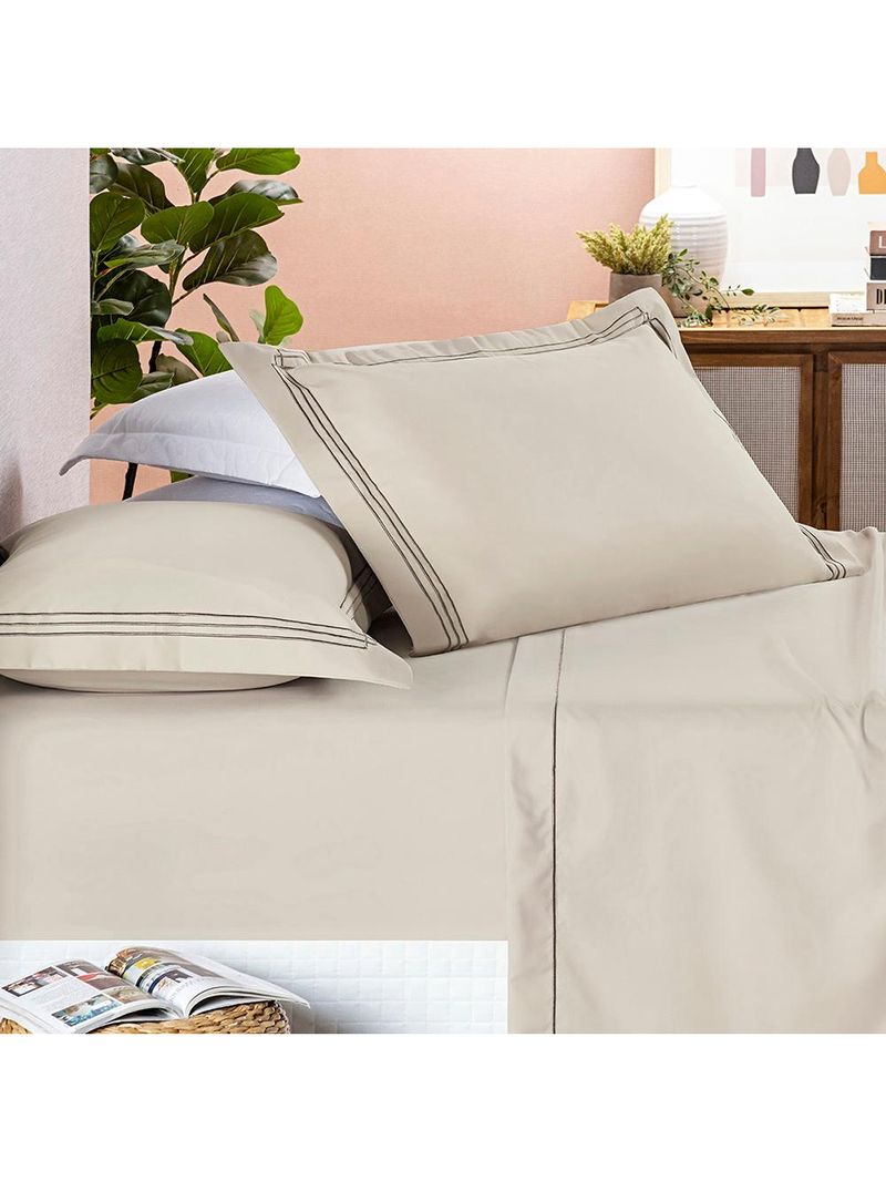 Jogo cama lençol trivio casal 400 fios bordado fronhas aba americana 4 peças bege