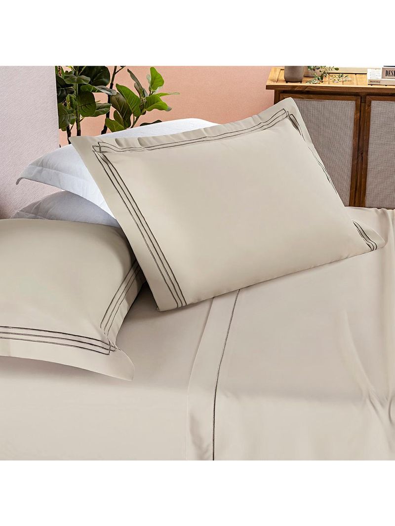 Jogo cama lençol trivio casal 400 fios bordado fronhas aba americana 4 peças bege
