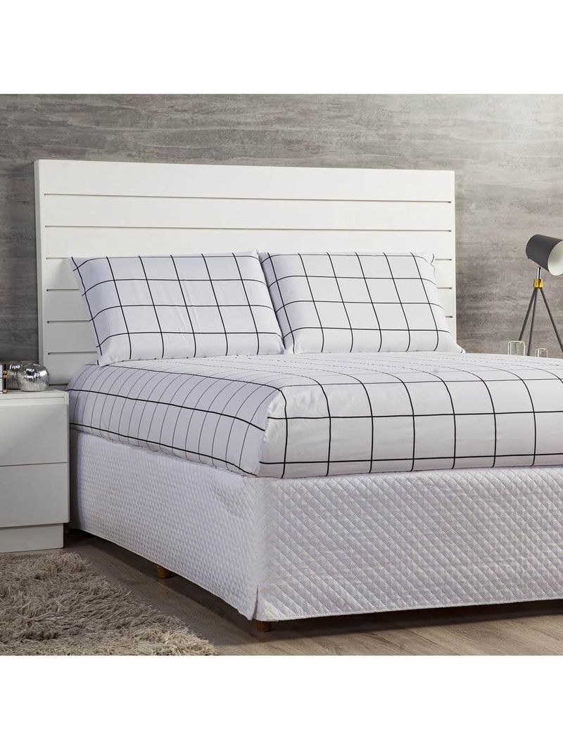 Jogo cama lençol square casal quadriculado percal 180 fios 3 peças - branco