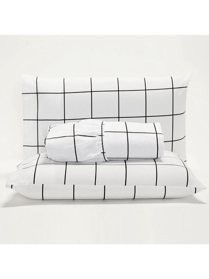 Jogo cama lençol square king quadriculado percal 180 fios 3 peças - branco