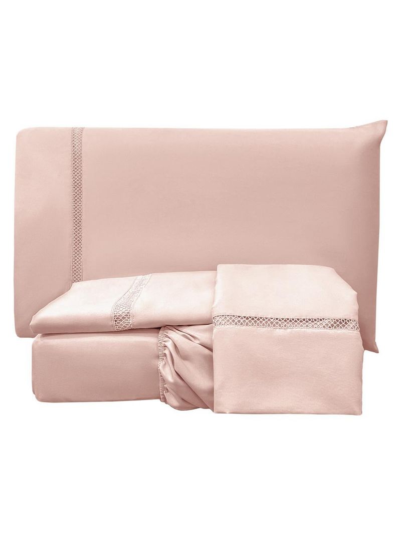Jogo cama lençol trento king guipir micro percal 300 fios c/ ponto infinito 4 peças - rosê