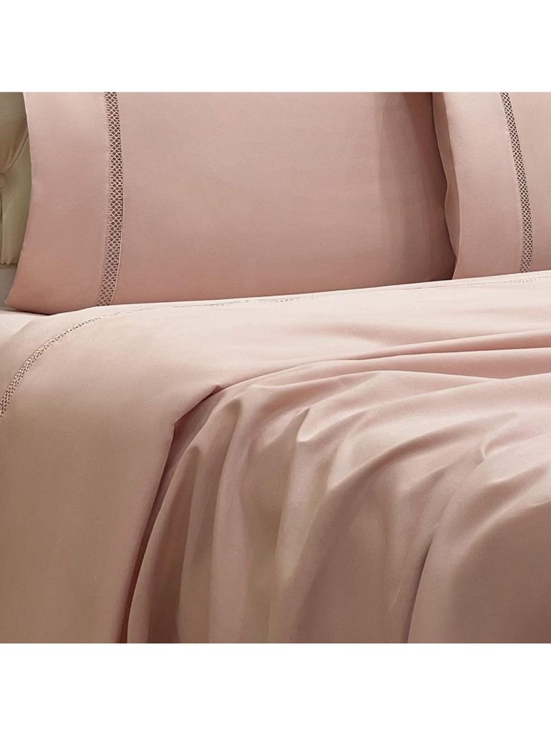 Jogo cama lençol trento king guipir micro percal 300 fios c/ ponto infinito 4 peças - rosê