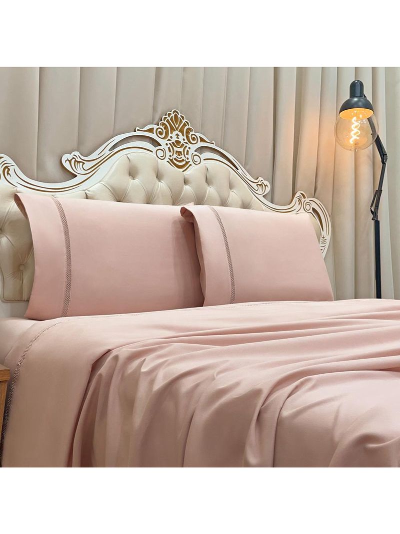Jogo cama lençol trento king guipir micro percal 300 fios c/ ponto infinito 4 peças - rosê