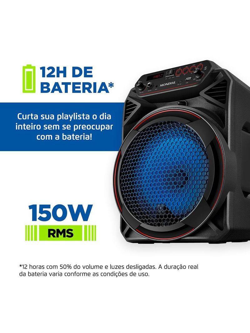 Caixa amplificada mondial cm-150 com bluetooth, usb, rádio fm e função tws - 150w