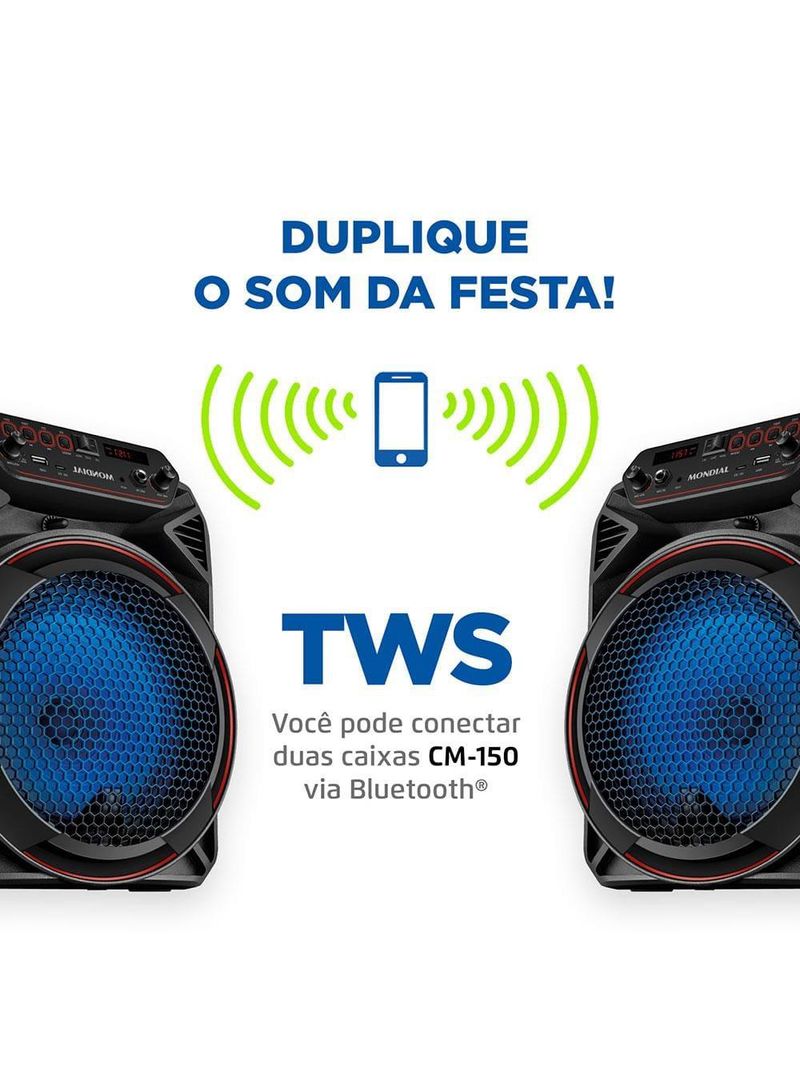 Caixa amplificada mondial cm-150 com bluetooth, usb, rádio fm e função tws - 150w