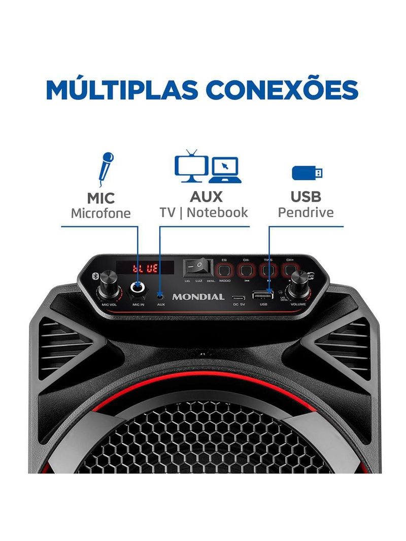 Caixa amplificada mondial cm-150 com bluetooth, usb, rádio fm e função tws - 150w