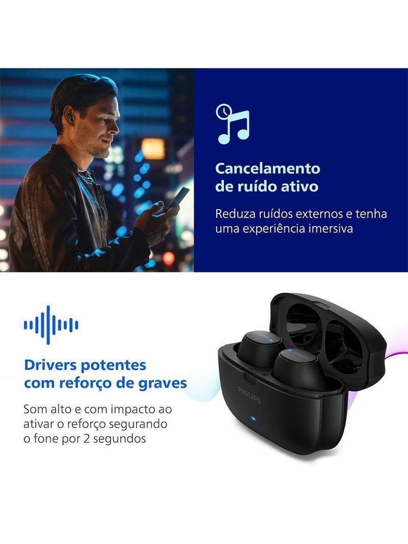 Fone de ouvido philips tat2500bk/00 intra-auricular true wireless bluetooth cancelamento de ruído 24h bateria preto