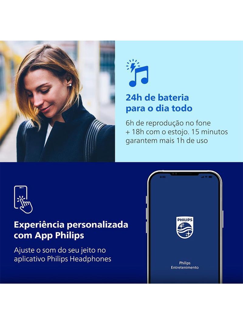Fone de ouvido philips tat2500bk/00 intra-auricular true wireless bluetooth cancelamento de ruído 24h bateria preto
