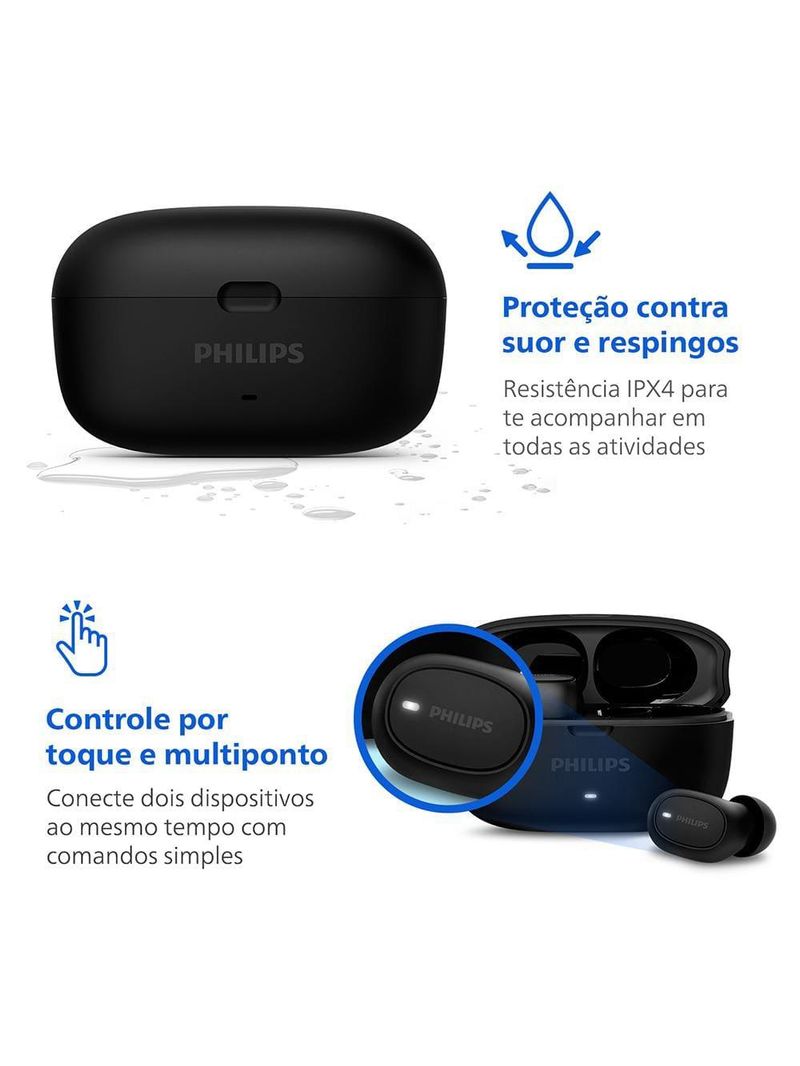 Fone de ouvido philips tat2500bk/00 intra-auricular true wireless bluetooth cancelamento de ruído 24h bateria preto