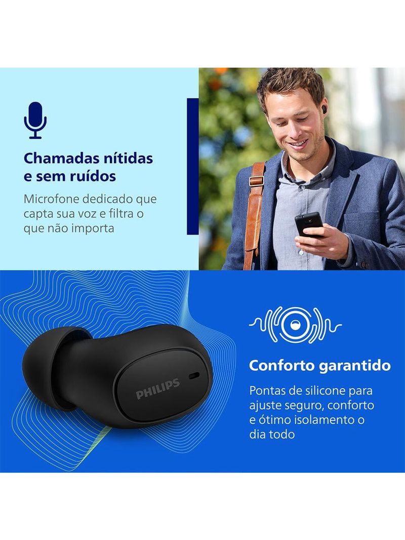 Fone de ouvido philips tat2500bk/00 intra-auricular true wireless bluetooth cancelamento de ruído 24h bateria preto