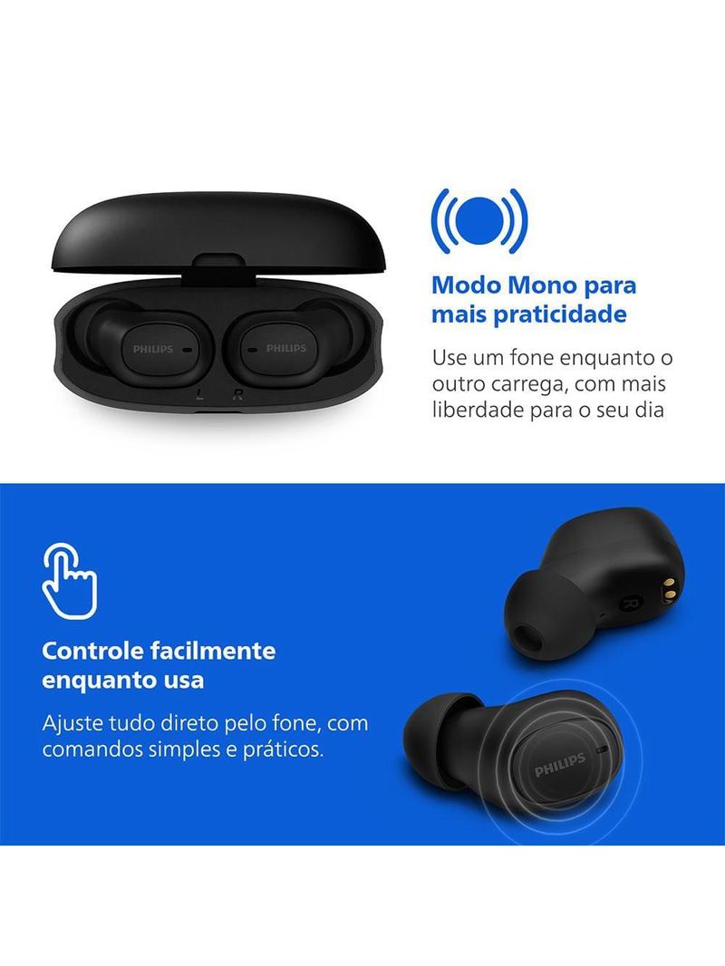 Fone de ouvido philips tat2500bk/00 intra-auricular true wireless bluetooth cancelamento de ruído 24h bateria preto