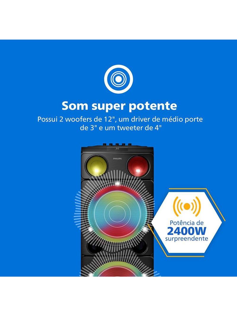 Caixa de som philips party speaker tax5509 2400w bluetooth luzes led preta