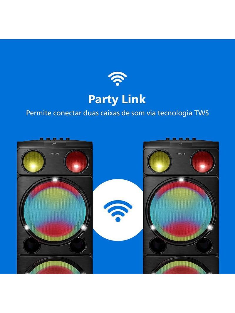 Caixa de som philips party speaker tax5509 2400w bluetooth luzes led preta