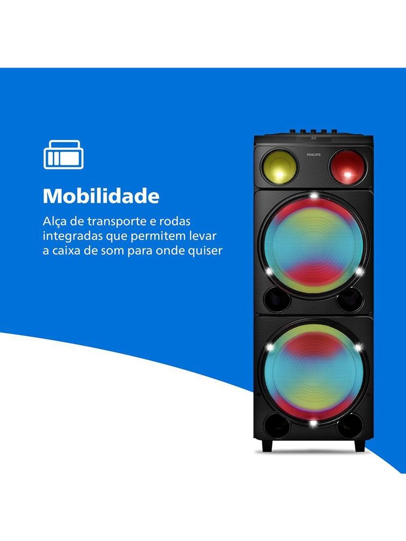 Caixa de som philips party speaker tax5509 2400w bluetooth luzes led preta