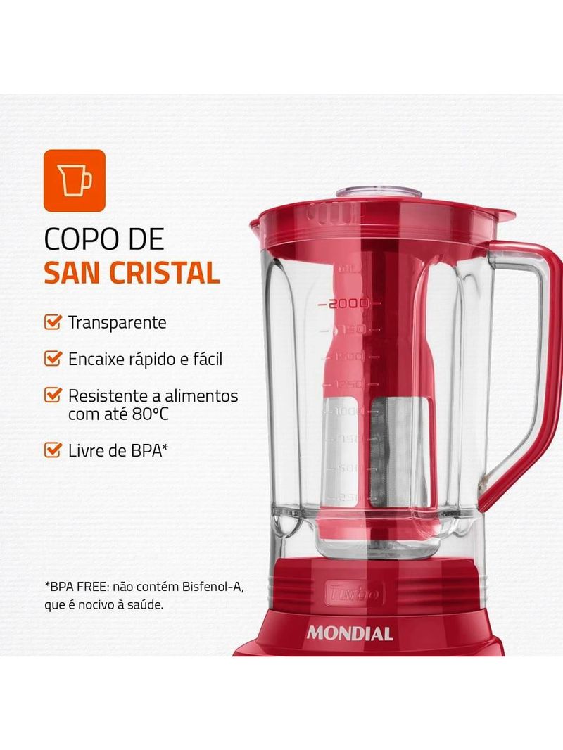 Liquidificador mondial turbo l-1100 3l 1100w 12 velocidades vermelho/inox