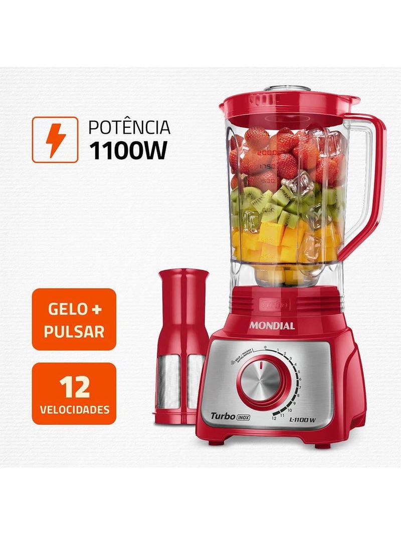 Liquidificador mondial turbo l-1100 3l 1100w 12 velocidades vermelho/inox