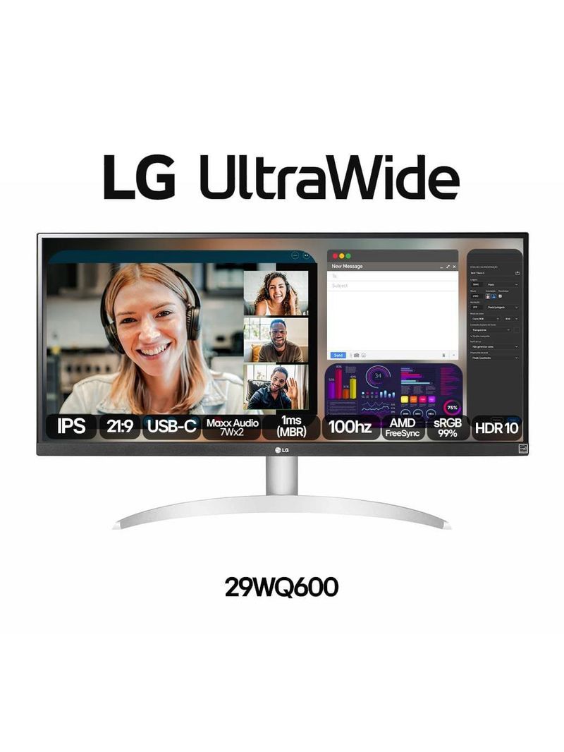 Monitor ultrawide 29" lg 29wq600-b com tela ips, full hd, 100hz, amd freesync – branco