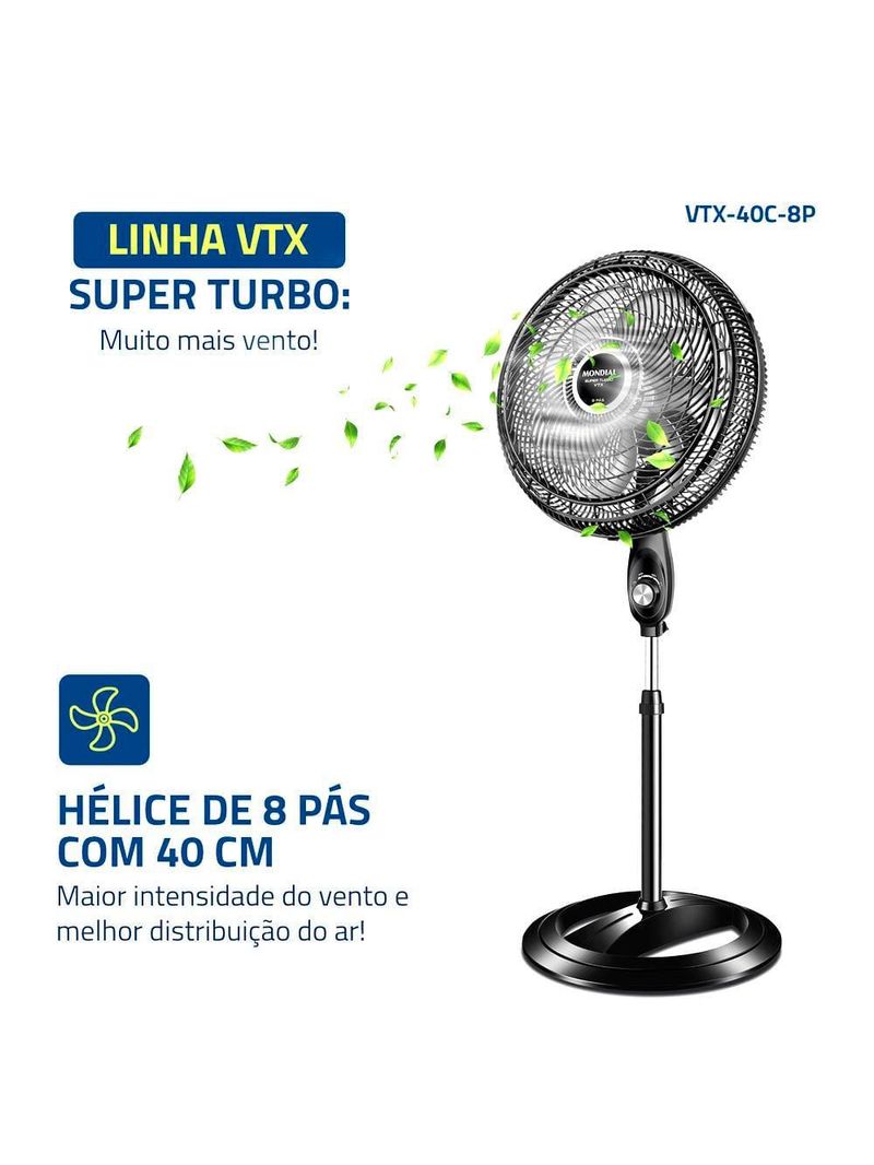 Ventilador de coluna mondial vtx-40c-8p 40 cm com 3 velocidades - preto