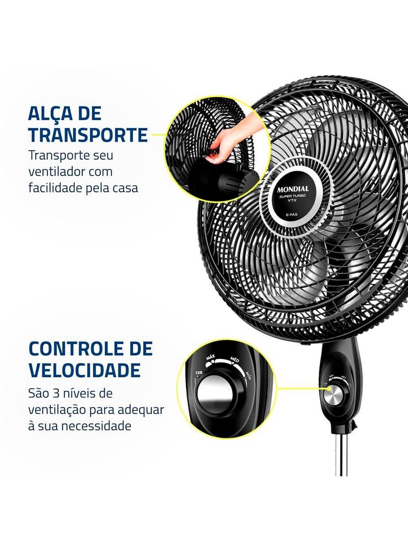 Ventilador de coluna mondial vtx-40c-8p 40 cm com 3 velocidades - preto