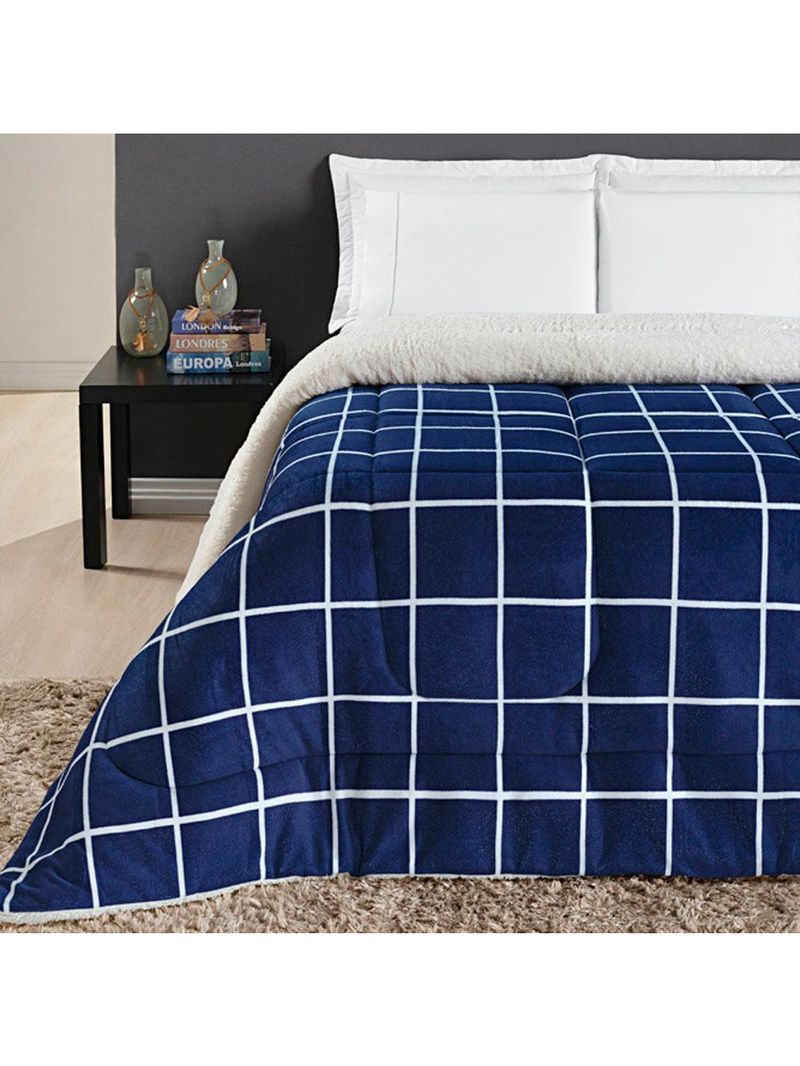 Coberdrom cobertor brooklyn solteiro sherpa manta flannel quadriculado - azul marinho