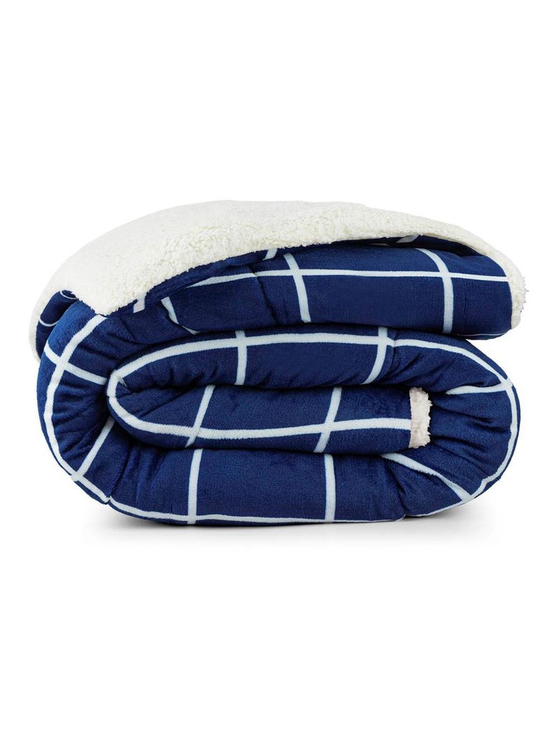 Coberdrom cobertor brooklyn solteiro sherpa manta flannel quadriculado - azul marinho