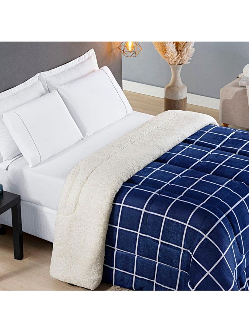 Coberdrom cobertor brooklyn solteiro sherpa manta flannel quadriculado - azul marinho