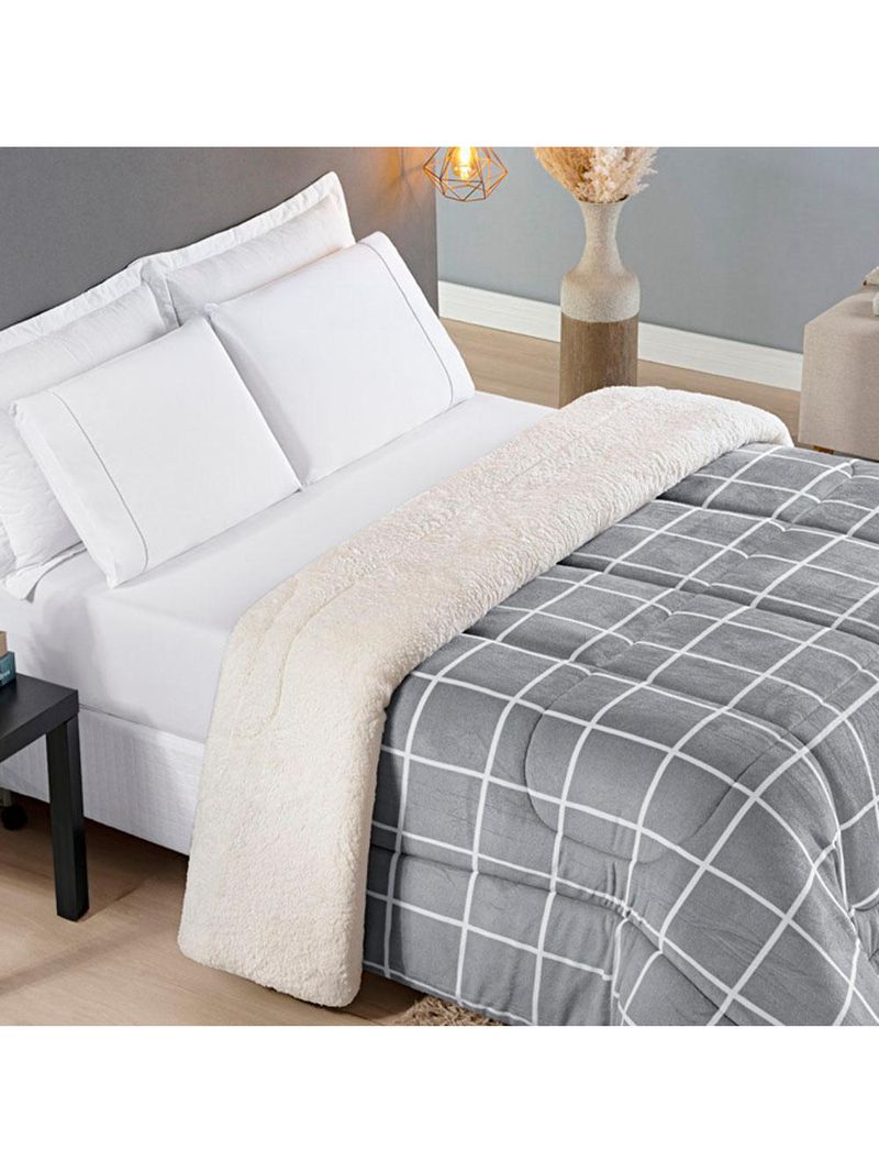Coberdrom cobertor brooklyn solteiro sherpa manta flannel quadriculado - cinza