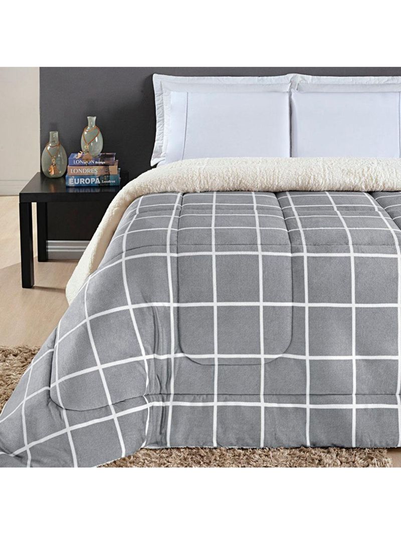 Coberdrom cobertor brooklyn solteiro sherpa manta flannel quadriculado - cinza