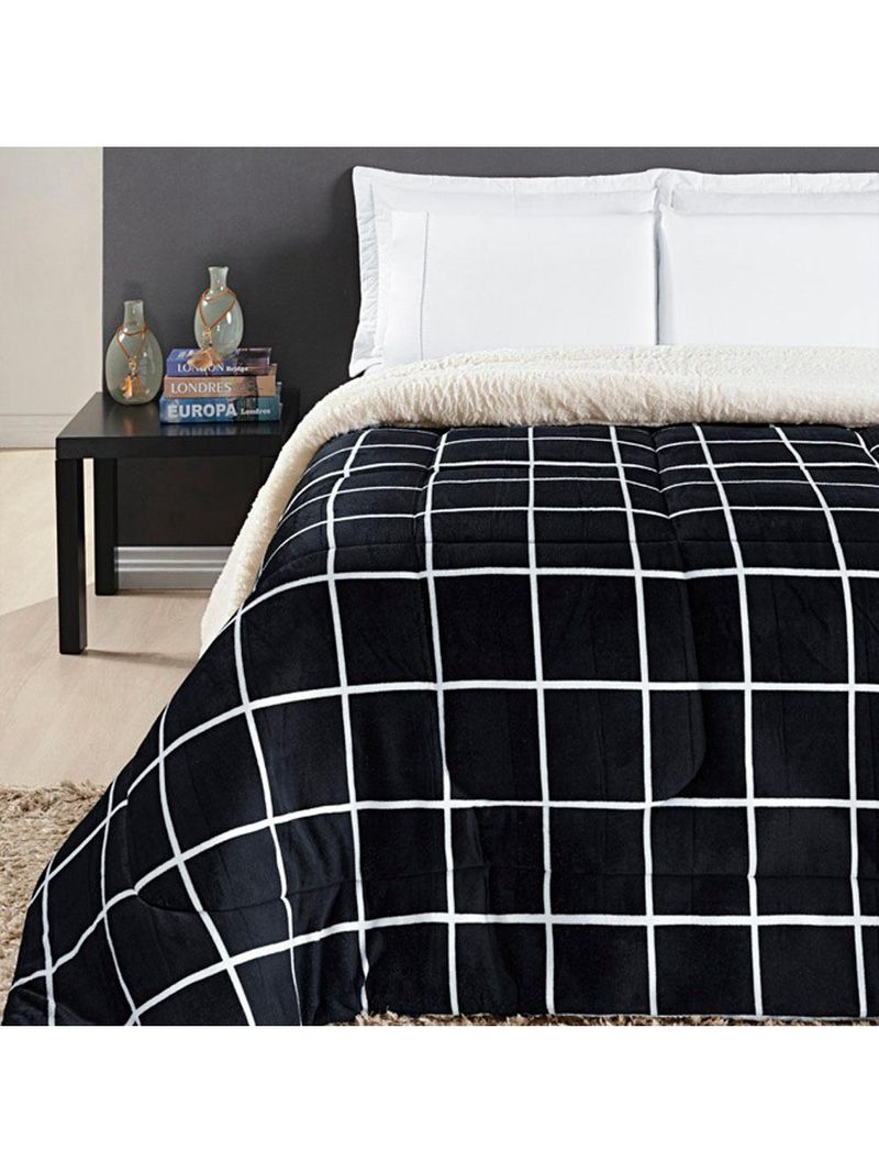Coberdrom cobertor brooklyn solteiro sherpa manta flannel quadriculado - preto