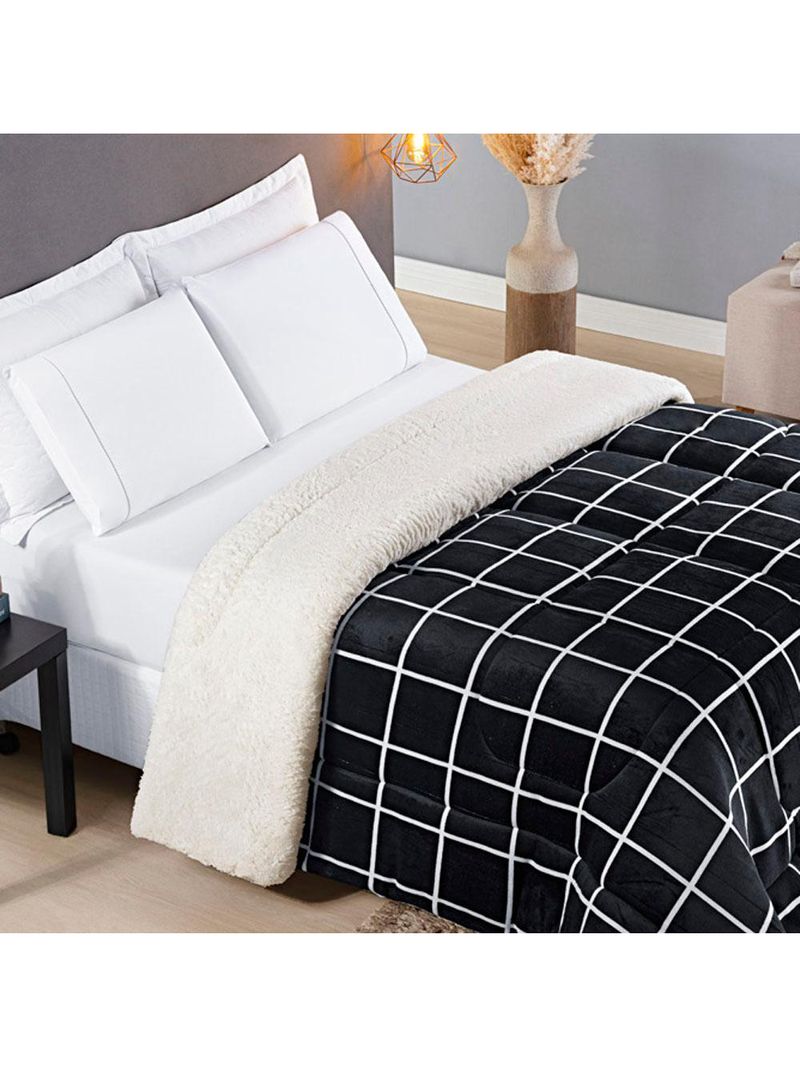 Coberdrom cobertor brooklyn solteiro sherpa manta flannel quadriculado - preto