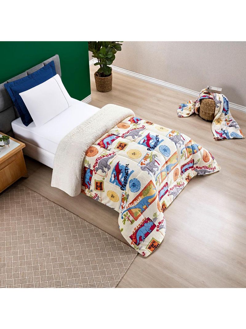 Coberdrom cobertor fantasy solteiro infantiil sherpa manta toque lã de carneiro - dinossauro - bege