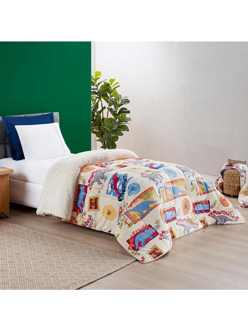 Coberdrom cobertor fantasy solteiro infantiil sherpa manta toque lã de carneiro - dinossauro - bege