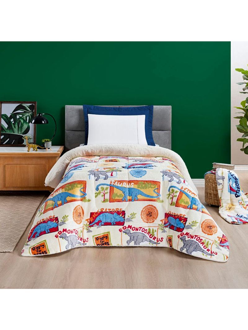 Coberdrom cobertor fantasy solteiro infantiil sherpa manta toque lã de carneiro - dinossauro - bege