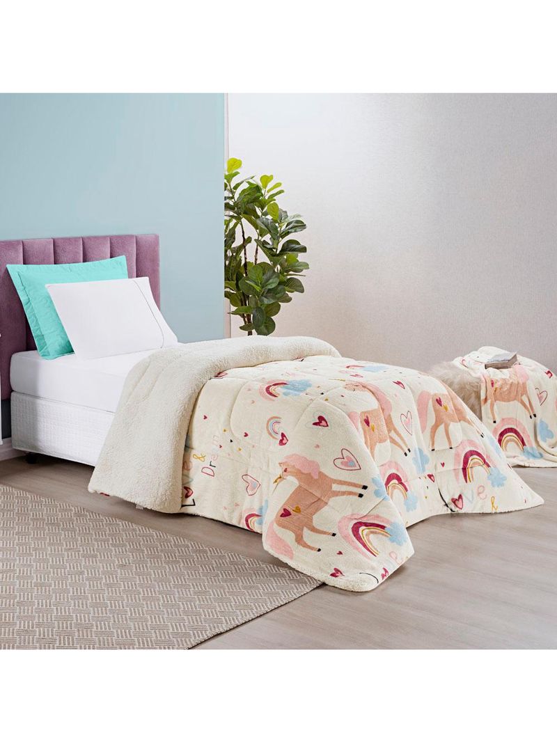 Coberdrom cobertor fantasy solteiro infantiil sherpa manta toque lã de carneiro - unicórnio - rosa