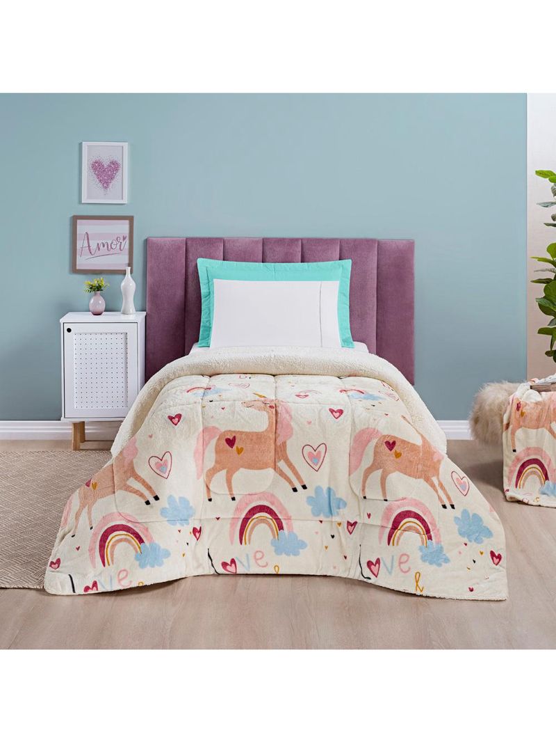 Coberdrom cobertor fantasy solteiro infantiil sherpa manta toque lã de carneiro - unicórnio - rosa