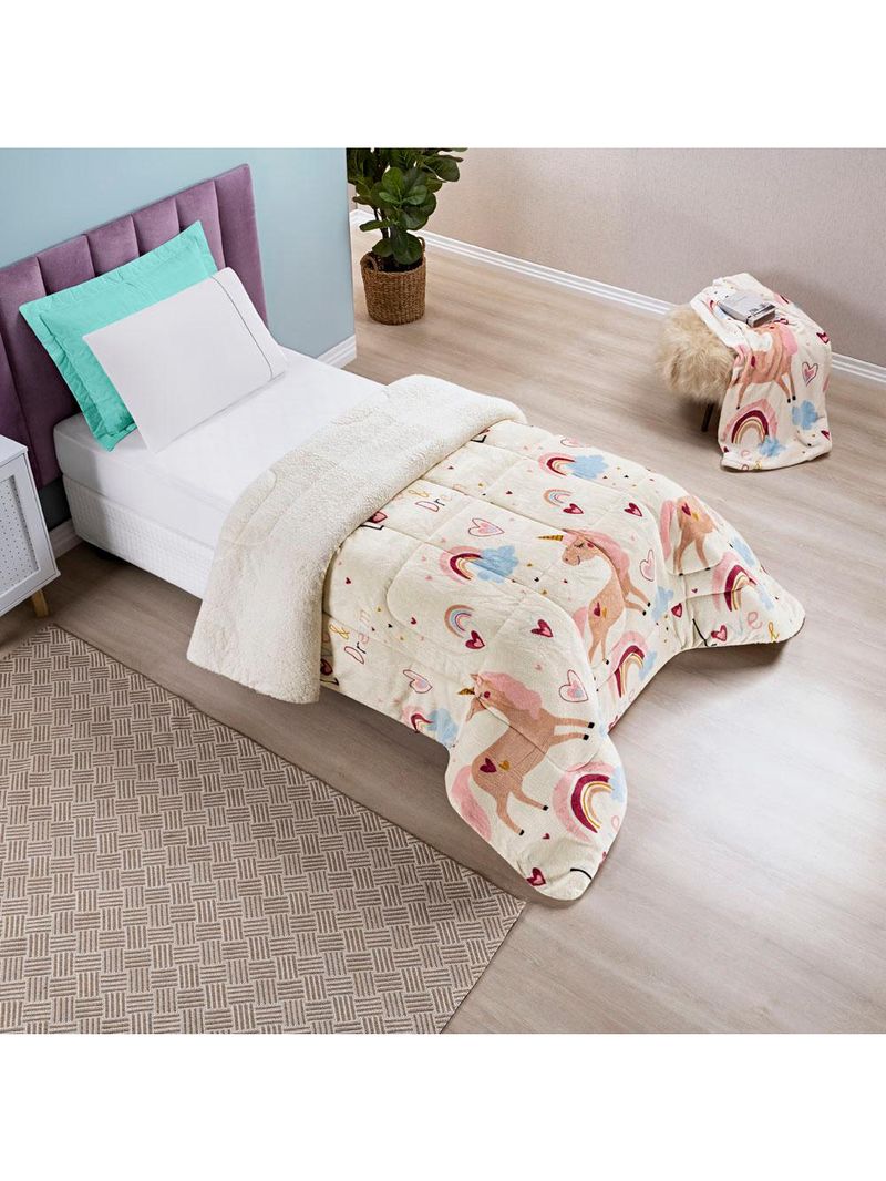 Coberdrom cobertor fantasy solteiro infantiil sherpa manta toque lã de carneiro - unicórnio - rosa