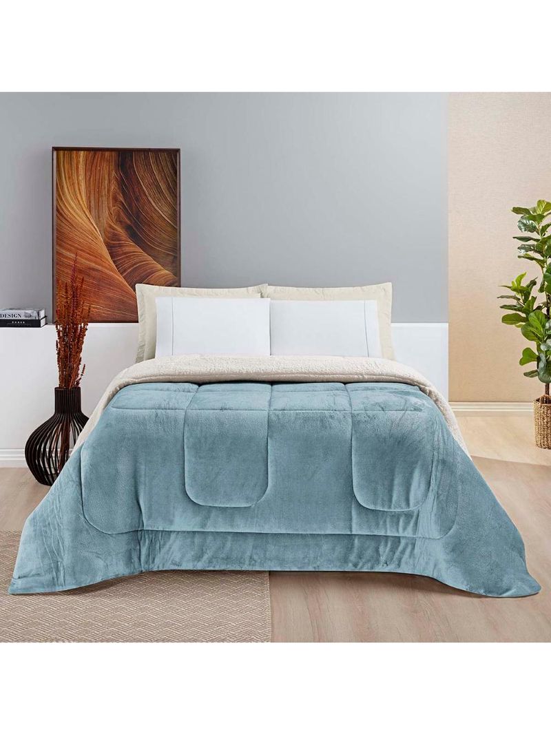 Coberdrom apollo king sherpa pele de carneiro + manta flannel - azul quartzo