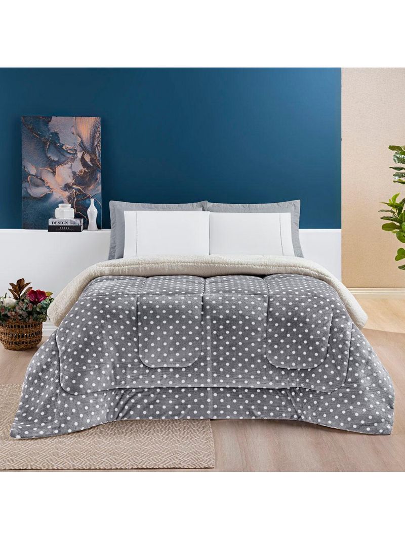 Coberdrom cobertor meggy poá king sherpa manta flannel bolinhas - cinza