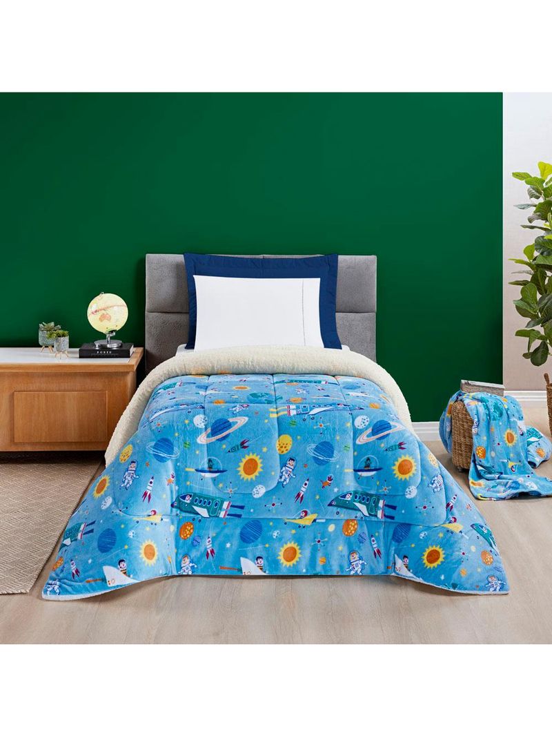 Coberdrom cobertor fantasy solteiro infantiil sherpa manta toque lã de carneiro - astronauta - azul