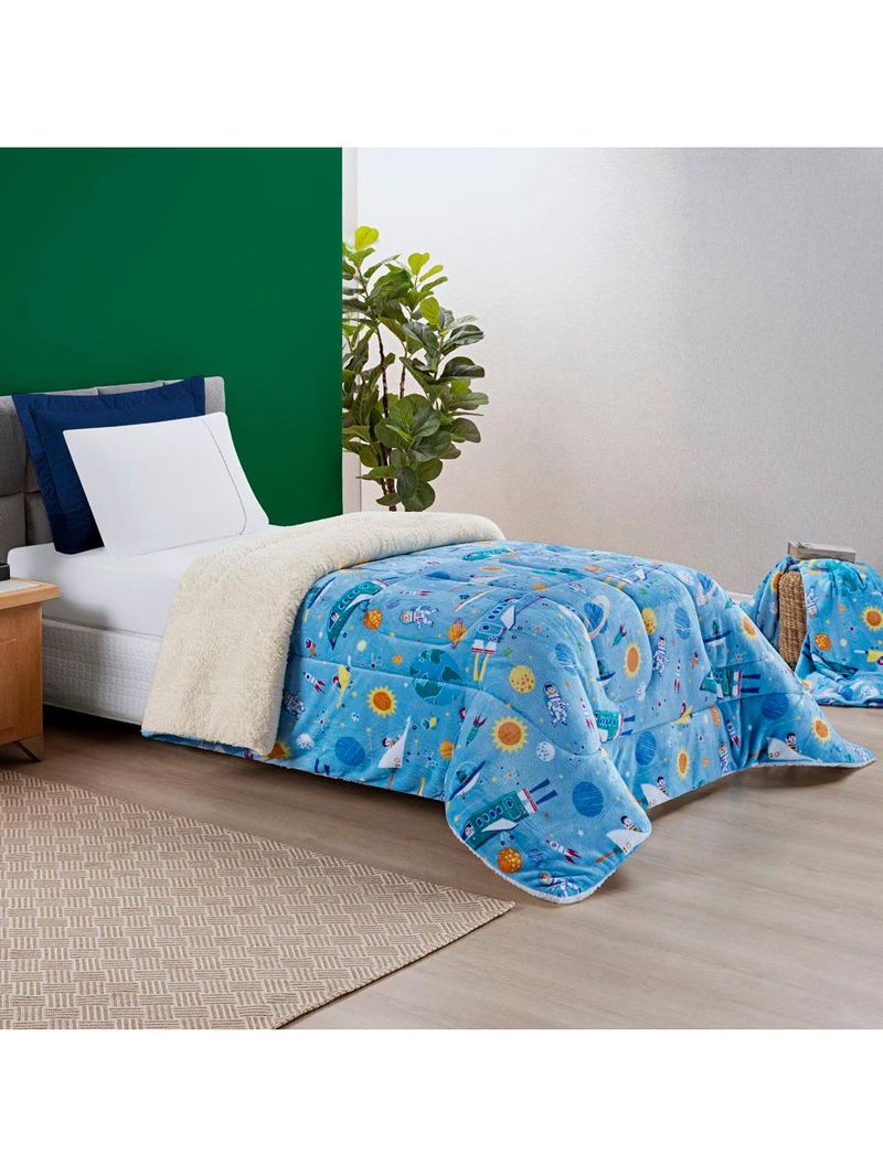 Coberdrom cobertor fantasy solteiro infantiil sherpa manta toque lã de carneiro - astronauta - azul