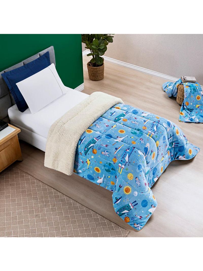 Coberdrom cobertor fantasy solteiro infantiil sherpa manta toque lã de carneiro - astronauta - azul